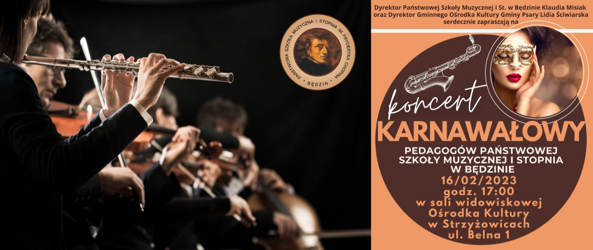 w prawej części znajdują się informacje o miejscu, dacie i godzinie koncertu, w lewej części znajdują się rozmazane sylwetki grających muzyków. 