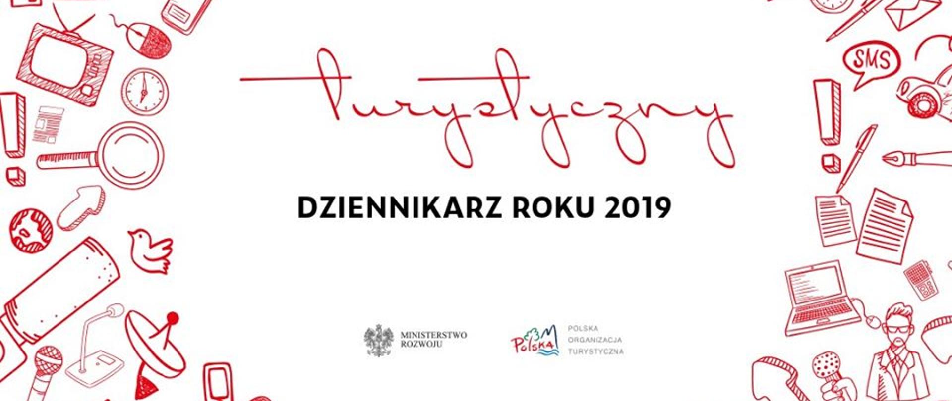 grafika biało różowa z ikonami i napisem turystyczny dziennikarz roku 2019
