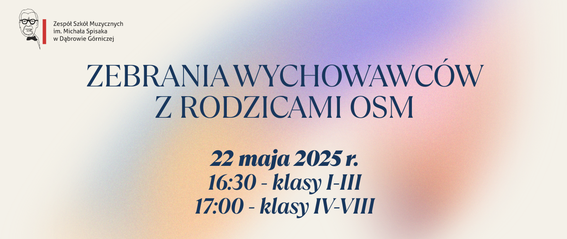 Pastelowe tło z napisem Zebrania wychowawców z rodzicami OSM i datą spotkania. W lewym górnym rogu widnieje logo ZSM.