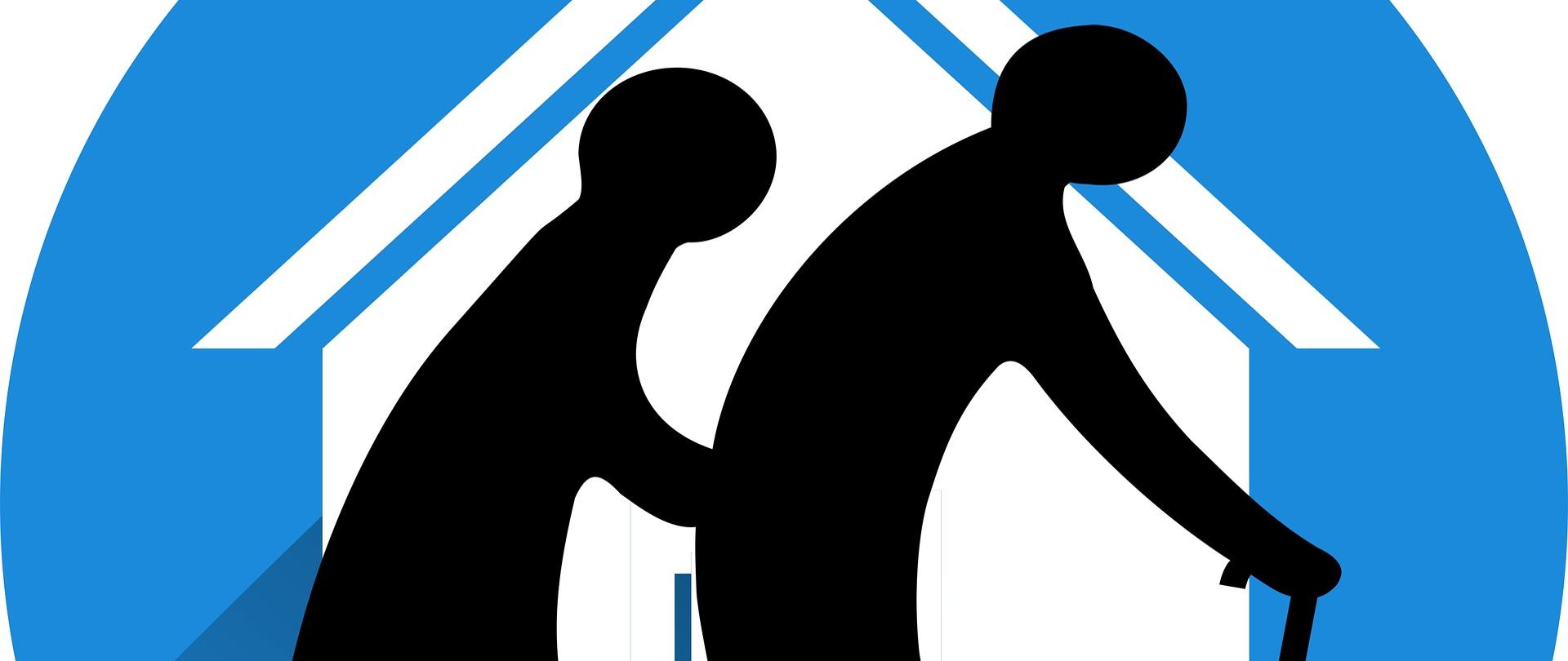 niebieskie koło, w kole kontury kobiety i mężczyzny idących o lasce, w tle biały kontur domu