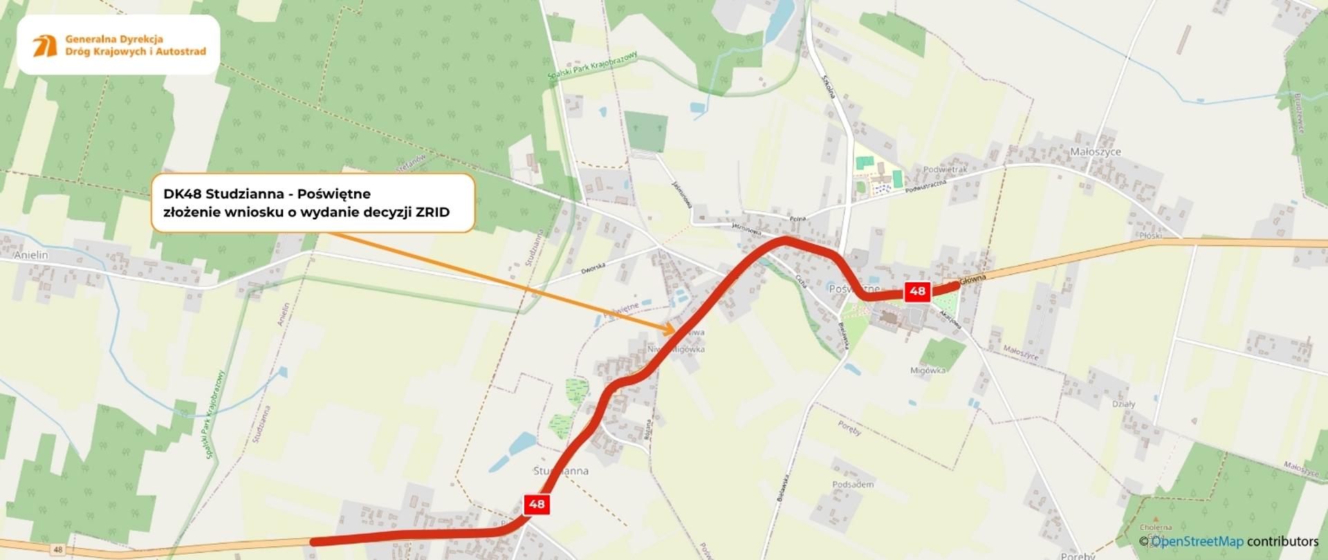 Mapka DK48 z zaznaczonym odcinkiem Studzianna - Poświętne, na którym będzie przeprowadzona poprawa BRD