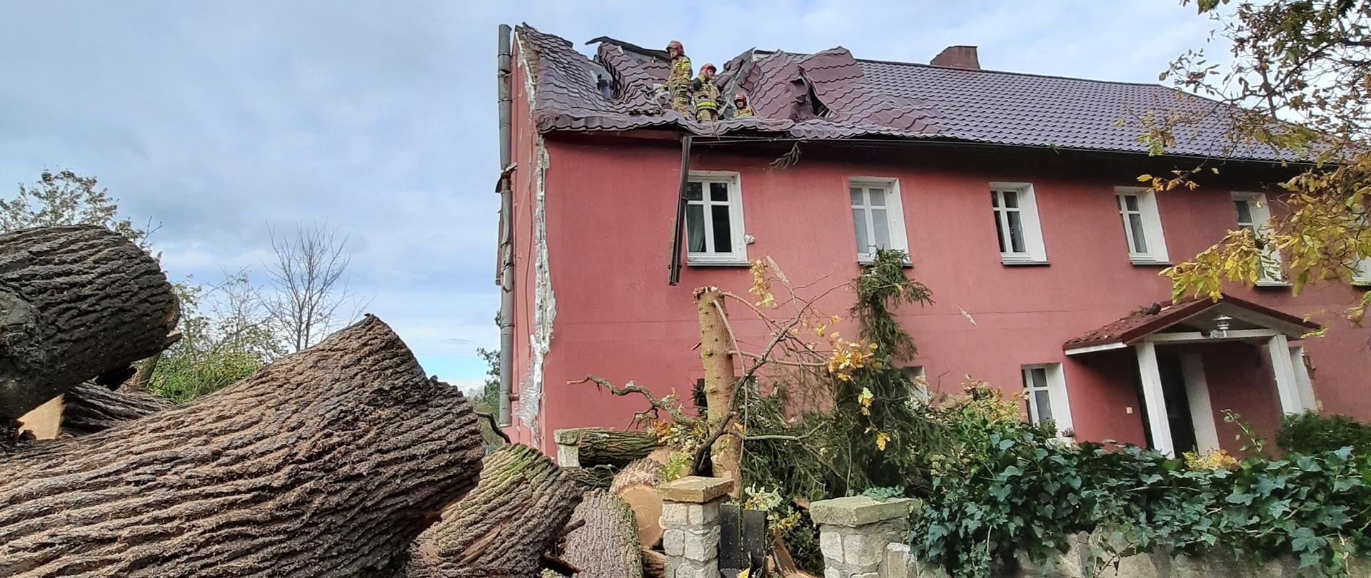 Zdjęcie przedstawia uszkodzony budynek mieszkalny przez powalone drzewo w wyniku silnych podmuchów wiatru. 