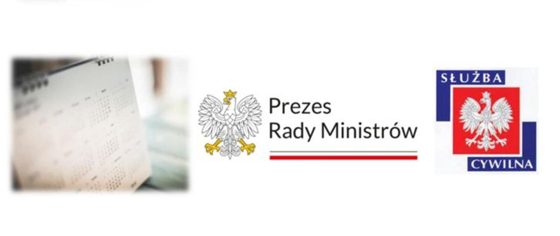 Zdjęcie przedstawia kalendarz, logo Prezesa Rady Ministrów z Orłem w koronie oraz logotyp z napisem Służba Cywilna