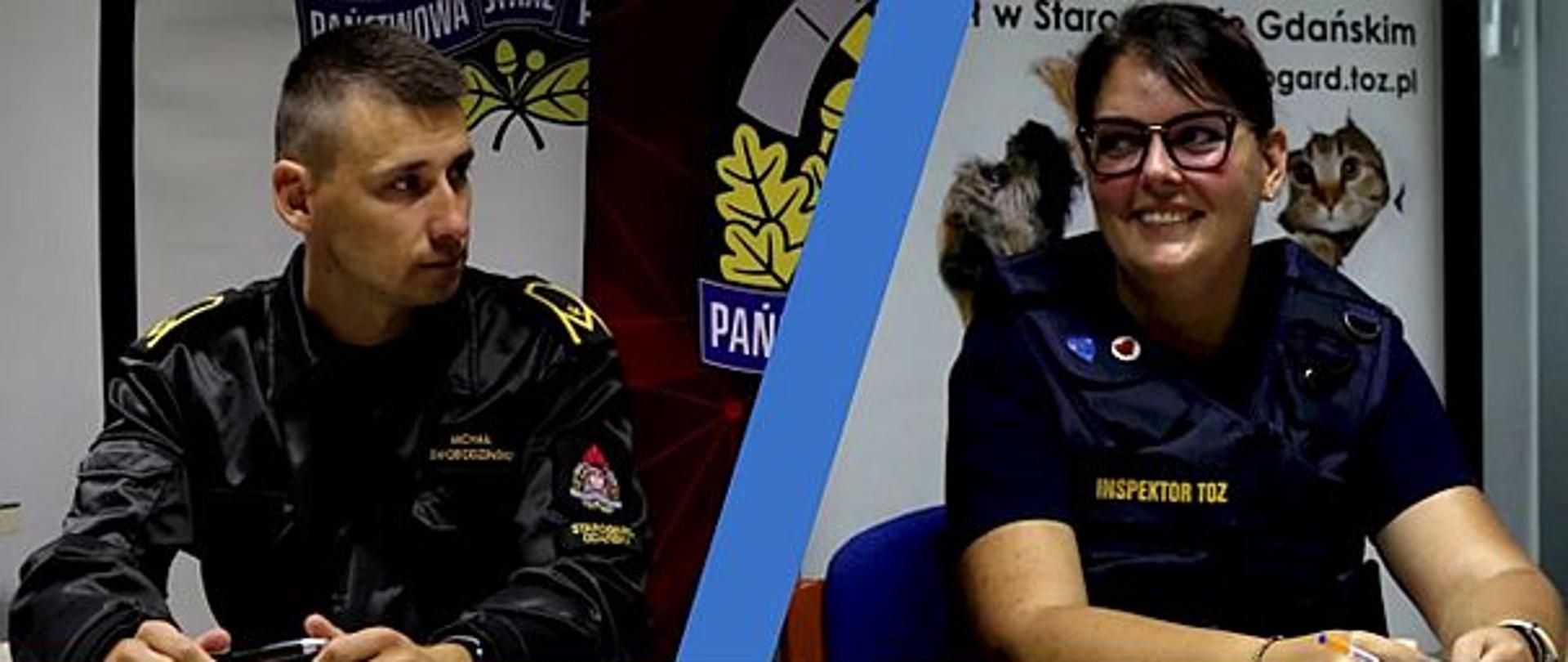 Zdjęcie przedstawia przedstawiciela PSP i inspektora TOZ. Kadr z filmu.