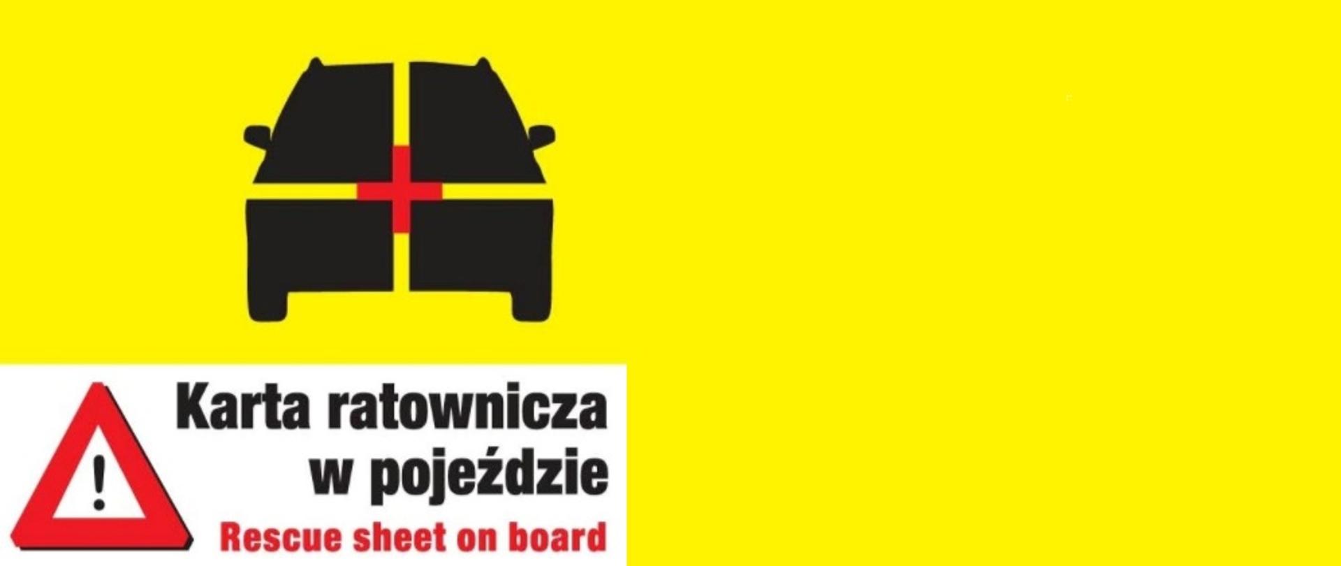 Zdjęcie nawiązuje do akcji "karta ratownicza w pojeździe" i przedstawia na jasnym tle rysunek samochodu w kolorze czarnym. Pod samochodem znajduje się napis karta ratownicza w pojeździe i znak uwaga niebezpieczeństwo