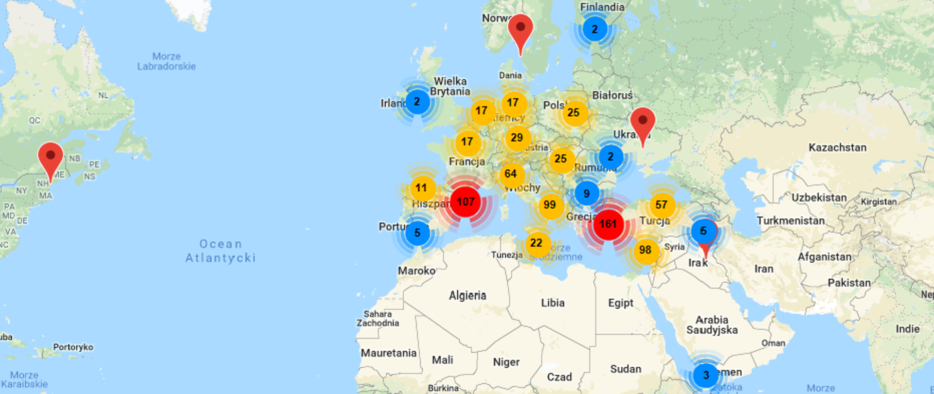 Na obrazku widać ilości zgłoszonych inicjatyw na mapie Europy pobliskich regionów świata - wyświetla się ponad 20 miejsc reprezentujących łączne ilości inicjatyw zgłoszonych w pobliżu, w każdym od kilku do ponad 100 inicjatyw.