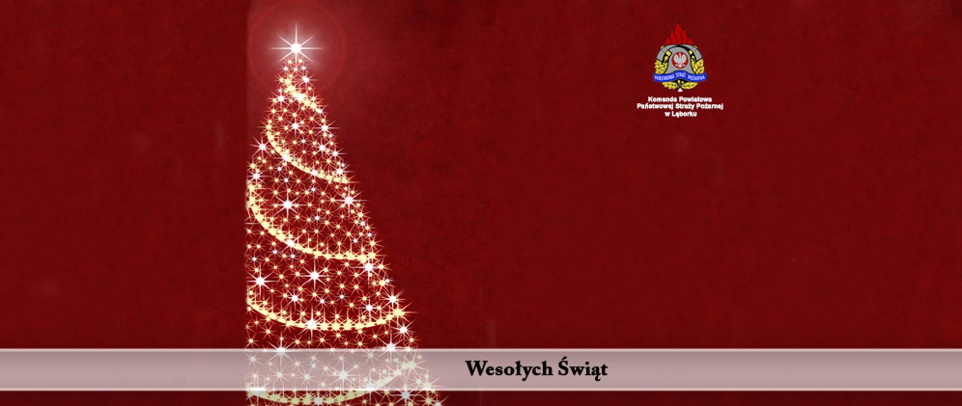 Zdjęcie poglądowe na czerwonym tle oświetlona choinka, obok logo Państwowej Straży Pożarnej, na dole napis Wesołych Świąt
