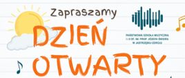 Plakat na dzień otwartych drzwi w Szkole Muzycznej w Jastrzębiu-Zdroju, który odbędzie się 17 maja 2023 w Szkole Muzycznej w Jastrzębiu-Zdroju. Wstęp Wolny. 