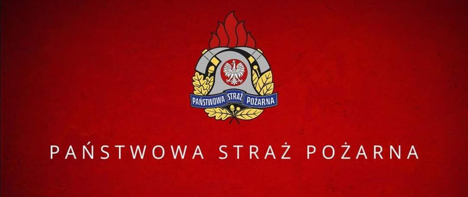 Logo Państwowej Straży Pożarnej na czerwonym tle.
