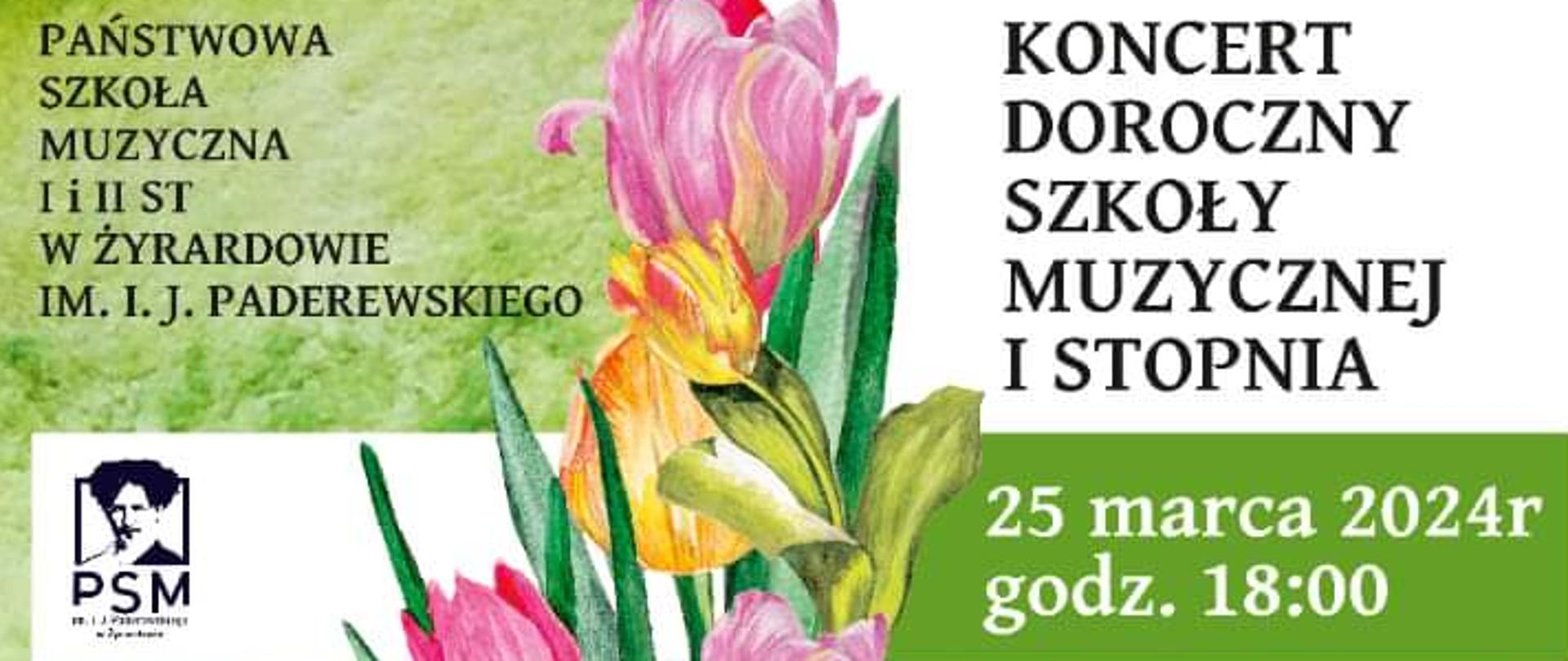 Plakat na tle zielono białym. Na górze po prawej czarny napis "Koncert Doroczny Szkoły I stopnia" Poniżej na zielonym tle biały napis 25 marca 2024 r. godzina 18:00 Miejsce resursa. Po środku widzimy grafikę kwiatów oraz zdjęcie tulipany Poniżej zdjęcie przedstawiające zabytkowy metronom.