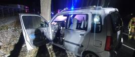 Na zdjęciu widać rozbity na drzewie pojazd osobowy oraz służby ratunkowe 