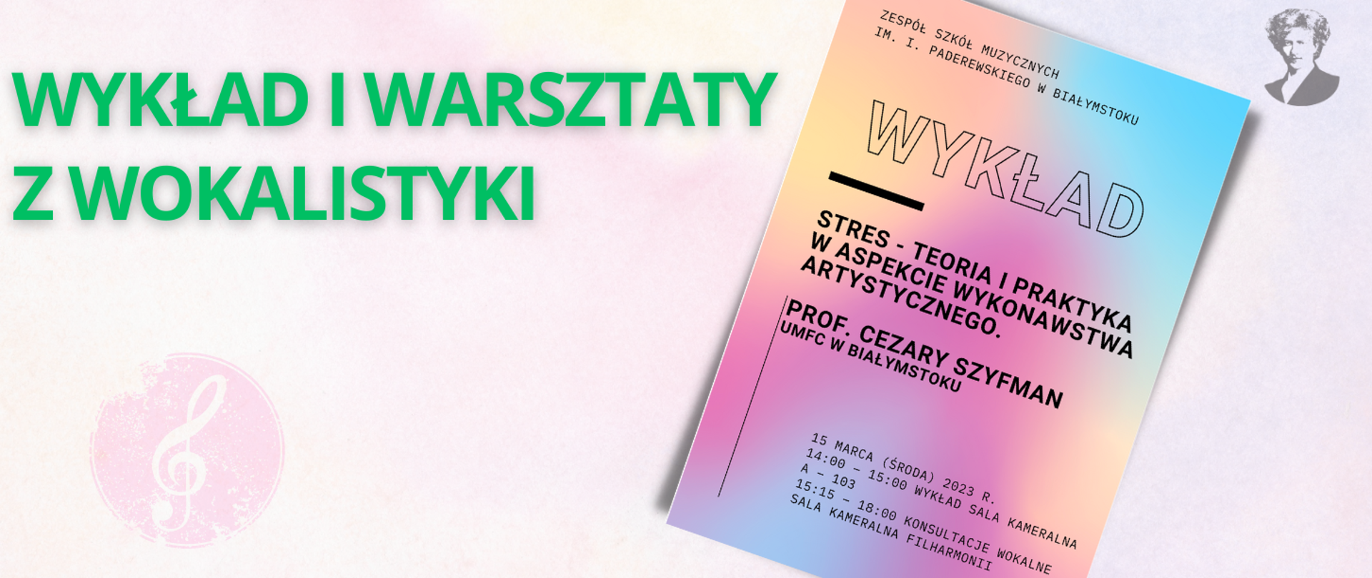 Po lewej stronie zielony napis "Wykład i konsultacje z wokalistyki", z prawej strony zarys plakatu ze szczegółami wydarzenia dostępnymi w opisie wydarzenia w kalendarzu.