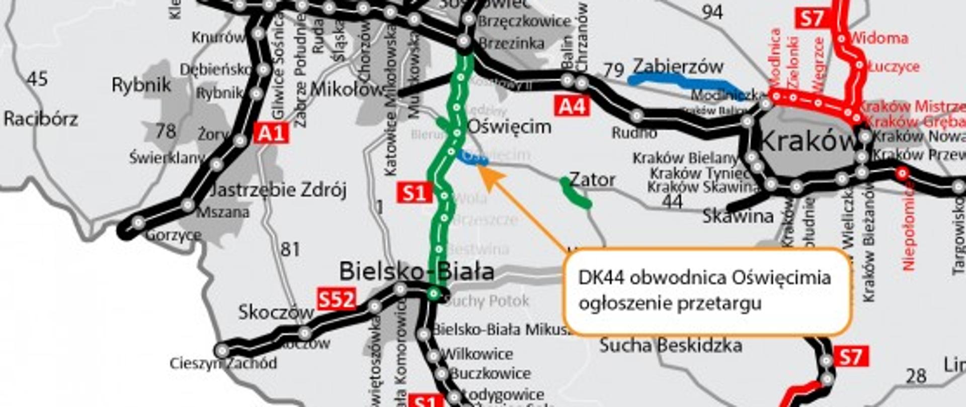 Mapa przedstawia przebieg obwodnicy Oświęcimia
