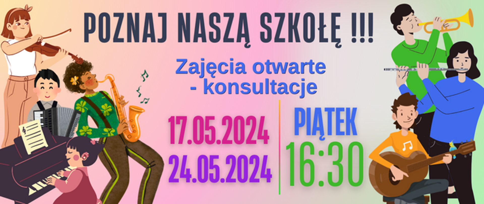 Kolorowy plakat z postaciami po prawej i lewej stronie, grające na instrumentach.