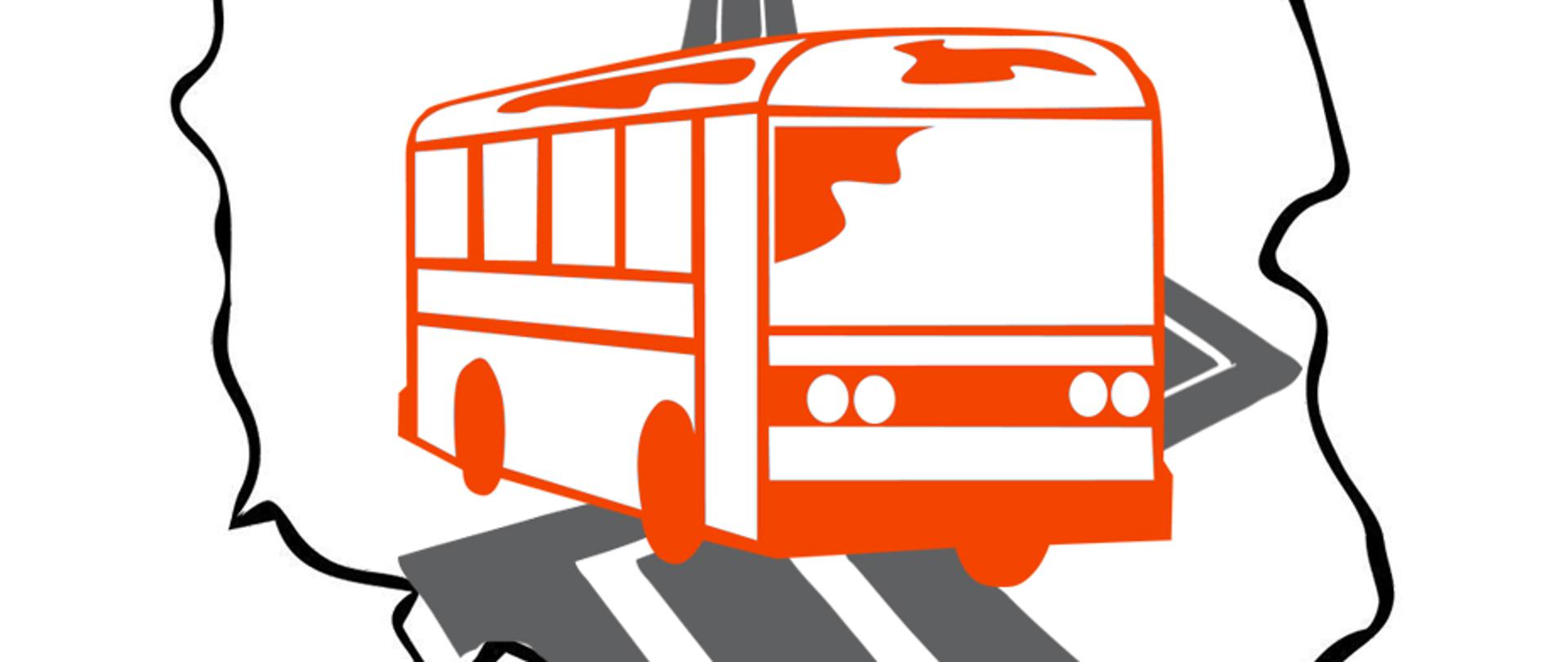 Na pierwszym planie zarys graficzny pomarańczowego autobusy. Dalej - w tle, zarys graficzny jezdni w kolorze szarym. Całość wrysowana w kontur Polski. 