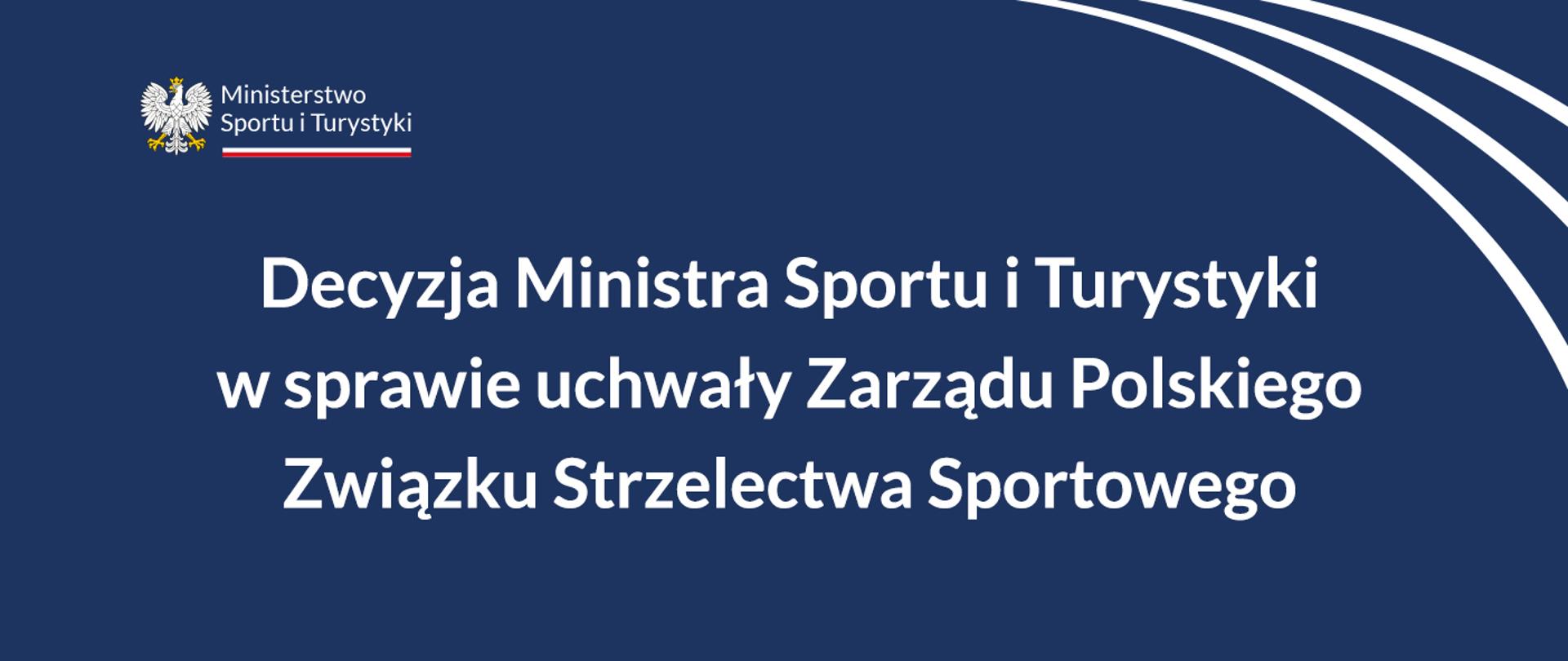 Grafika z granatowym tłem, w treści: "Decyzja Ministra Sportu i Turystyki w sprawie uchwały Zarządu Polskiego Związku Strzelectwa Sportowego". W lewym górnym rogu logotyp MSiT.