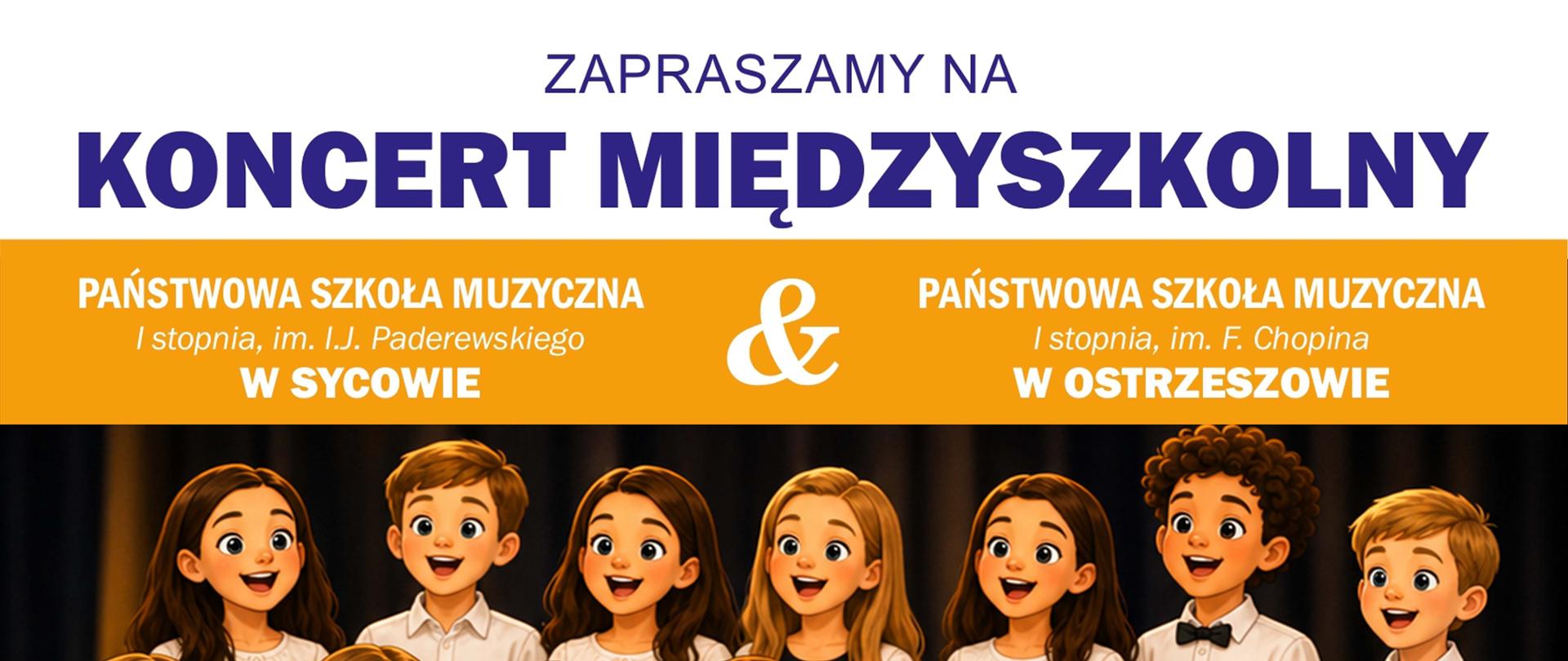ciemne tło przedstawiające dzieci grające na instrumentach i śpiewające. Napisy z informacjami o koncercie u góry i dołu plakatu.
