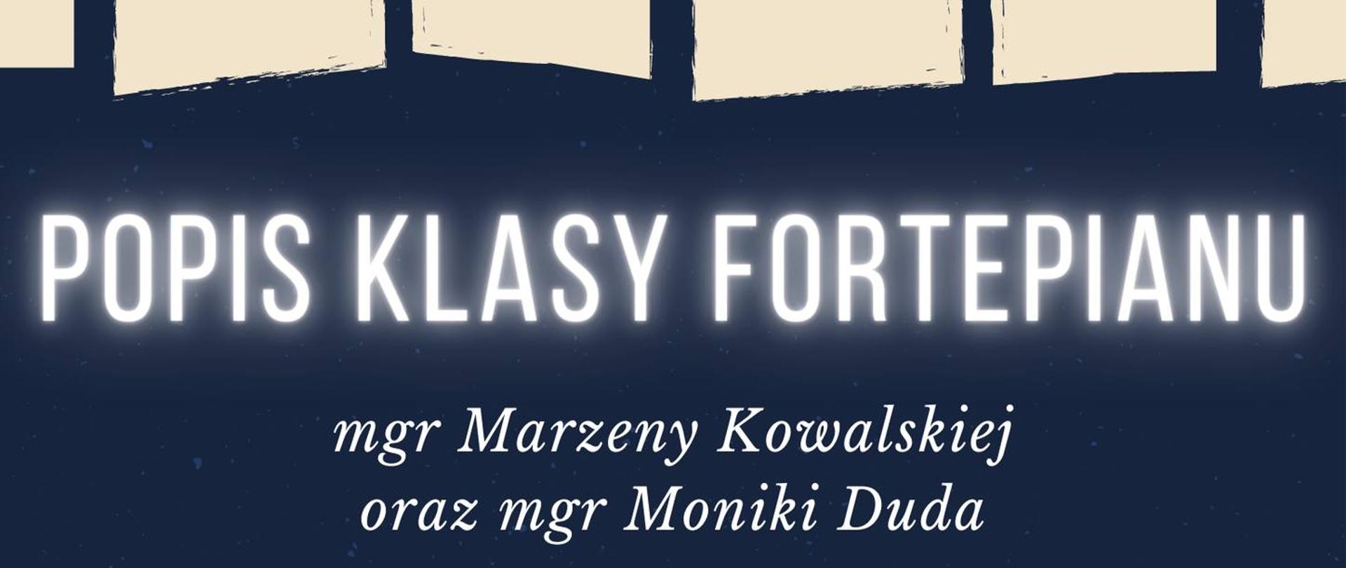 Na górze plakatu znajduje się klawiatura fortepianu. Poniżej w centrum zawarte są informacje dotyczące wydarzenia na niebieskim tle. 