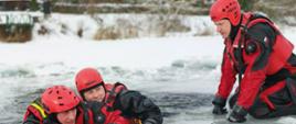 Zdjęcie przedstawia przemyskich strażaków podczas ćwiczenia z zakresu ratownictwa wodno-lodowego , dwóch strażaków ubabranych w skafandry suche i kaski ochronne w przerębli ćwiczą podejmowanie strażaka-pozoranta z miejsca zagrożenia, trzeci strażak udziela instrukcji z powierzchni lodu