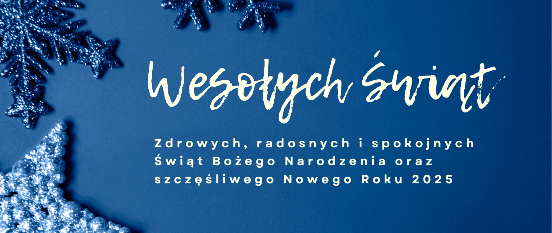 Kartka z życzeniami świątecznymi. Granatowo-niebieskie tło, gwiazdki, śnieżynki.