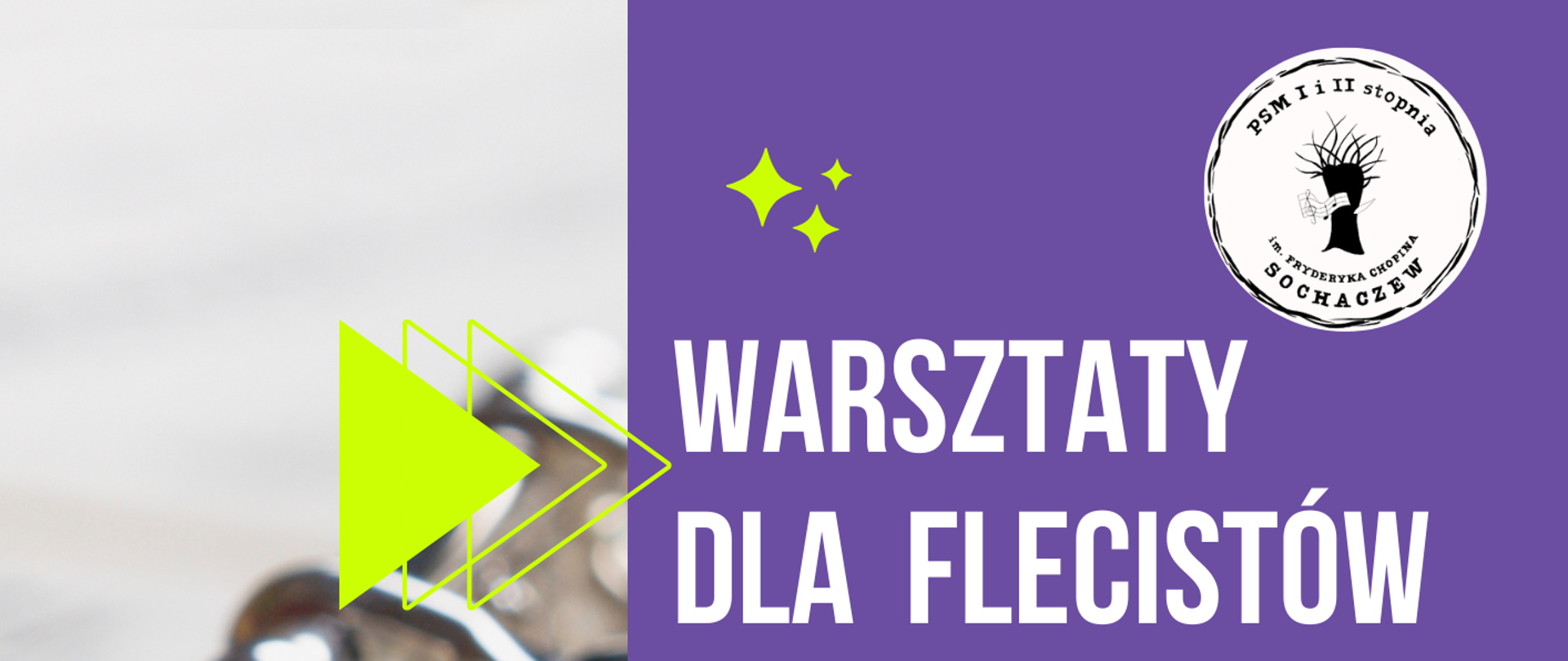 Z lewej strony wzdłuż plakatu zdjęcie fragmentu fletu. Z prawej strony plakatu na fioletowym tle białe i żółte napisy: Warsztaty dla flecistów, prowadzenie dr Agata Igras, "Podstawowe problemy w nauczaniu początkowym gry na flecie" 20 listopada 2023 r. godz. 13.00 Sala Koncertowa. 