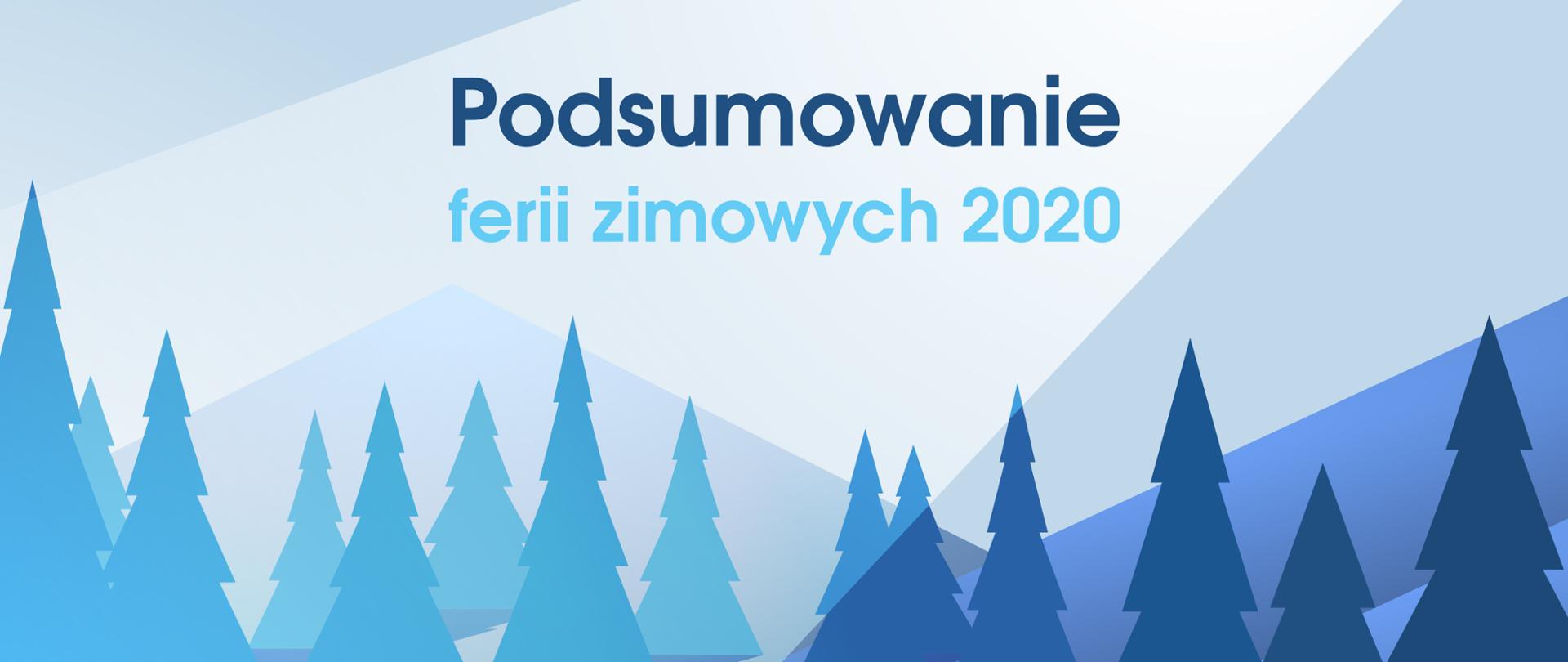 Grafika przedstawiająca górski krajobraz w zimowej scenerii. Napis podsumowanie ferii zimowych 2020