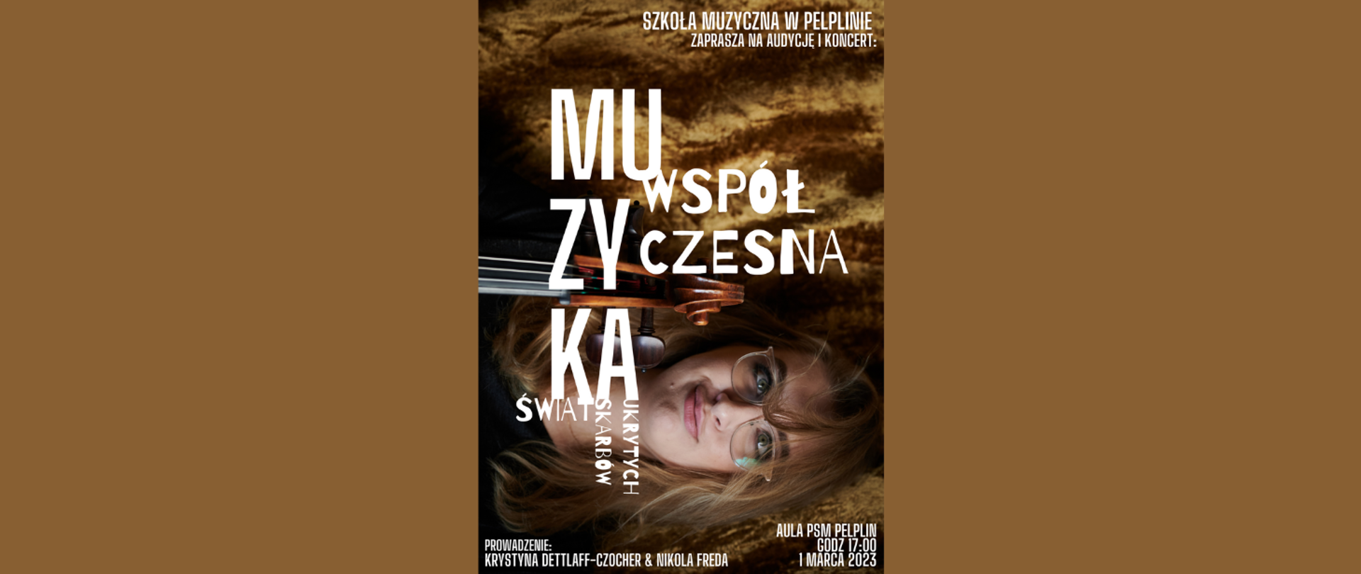 Afisz koncertowy nikola freda muzyka współczesna świat ukrytych skarbów białe litery na ciemnym tle część tła stanowi fotografia przedstawiająca artystkę z instrumentem