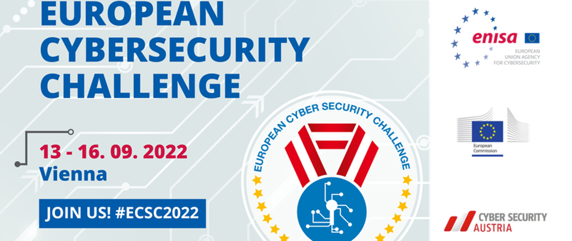 Plakat europejskich zawodów cyberbezpieczeństwa. Na górze niebieski napis European Cyber Security Challenge ,poniżej czerwona data 13-16.09.2022 Vienna