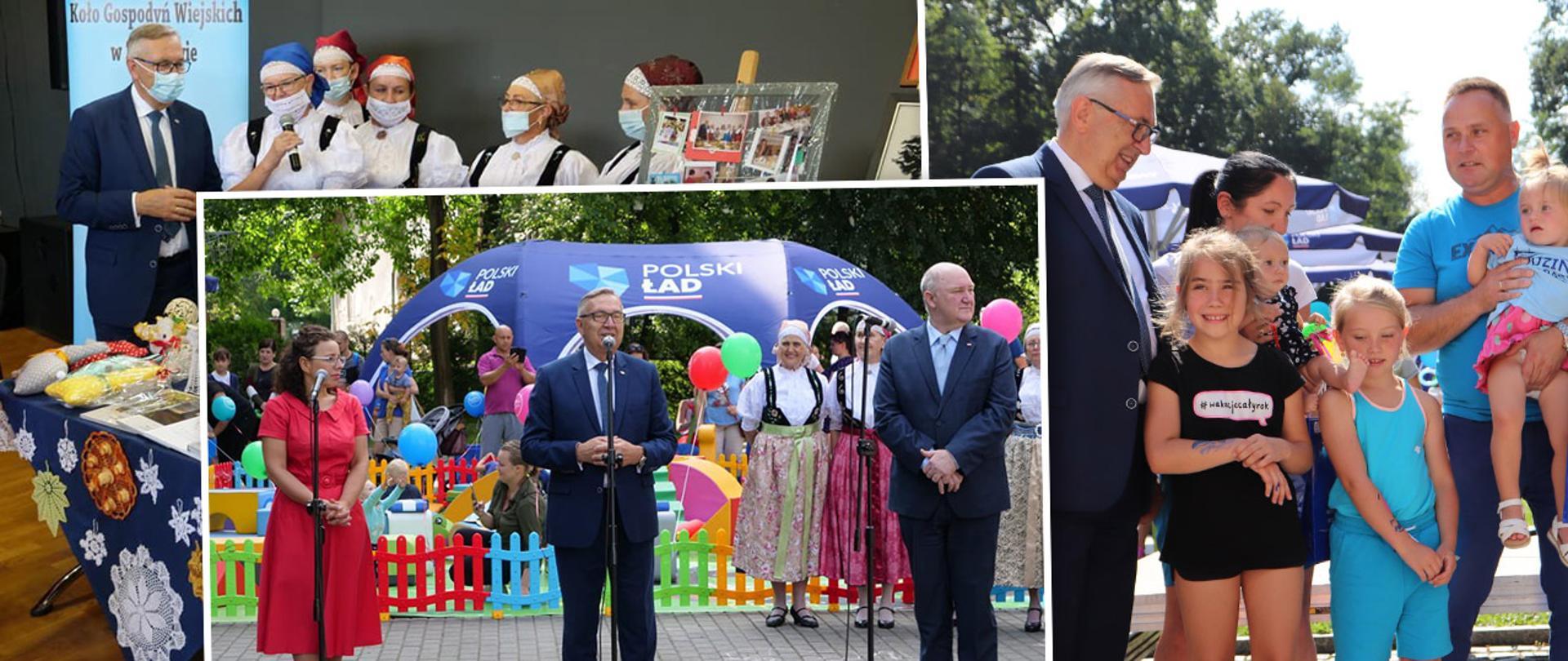Kolaż trzech zdjęć. na pierwszym minister Szwed w otoczeniu grupy kobiet ubranych w stroje regionalne. NA drugim minister stoi przy mikrofonie. W tle niebieski namiot z białym napisem Polski Ład, zainscenizowany plac zabaw z kolorowym płotkiem. Obok grupa kobiet w regionalnych strojach. Zdjęcie trzecie przedstawia ministra Szweda z rodziną, uczestnikami pikniku. To ojciec , trzymający na rękach dziewczynką, mama trzymająca córeczkę oraz dwie stojące dziewczynki.