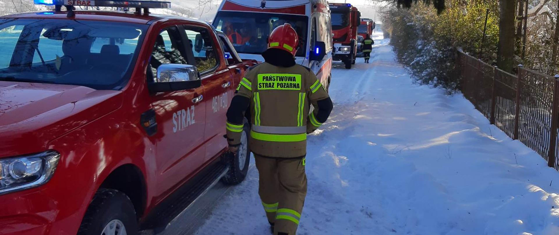 Zdjęcie przedstawia pojazdy służb ratowniczych obecnych na miejscu zdarzenia
