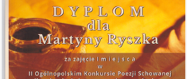 Dyplom za zajęcie pierwszego miejsca w Konkursie Poezji Schowanej. Pomarańczowe tło, białe litery