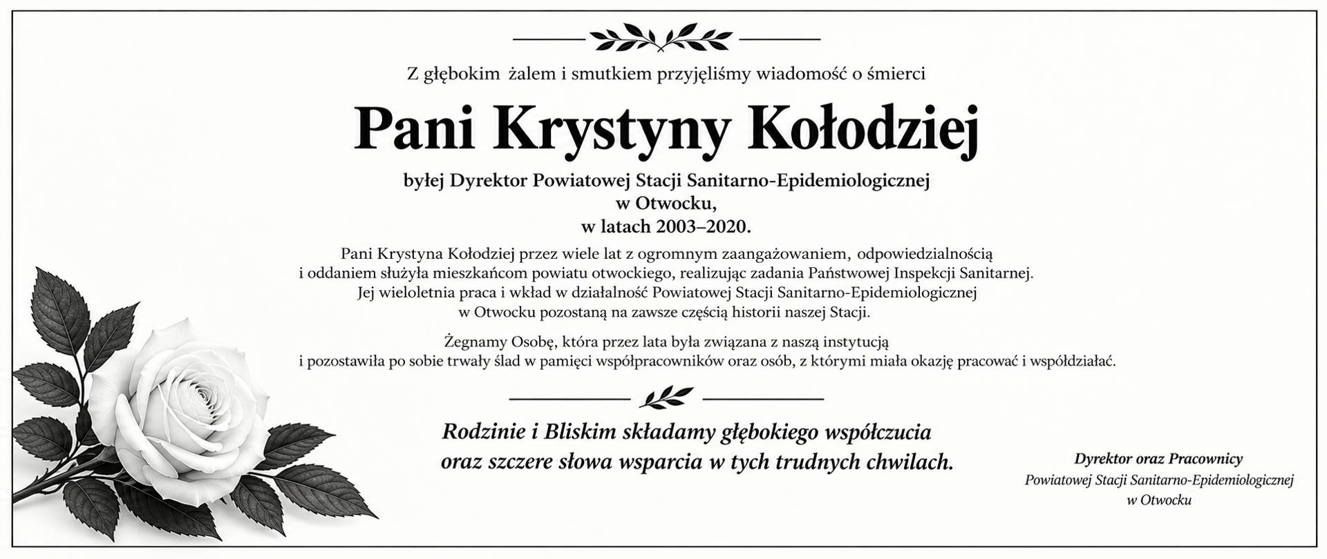 Informacja o śmierci Pani Krystyny Kołodziej, Dyrektora PSSE w Otwocku w latach 2003-2020