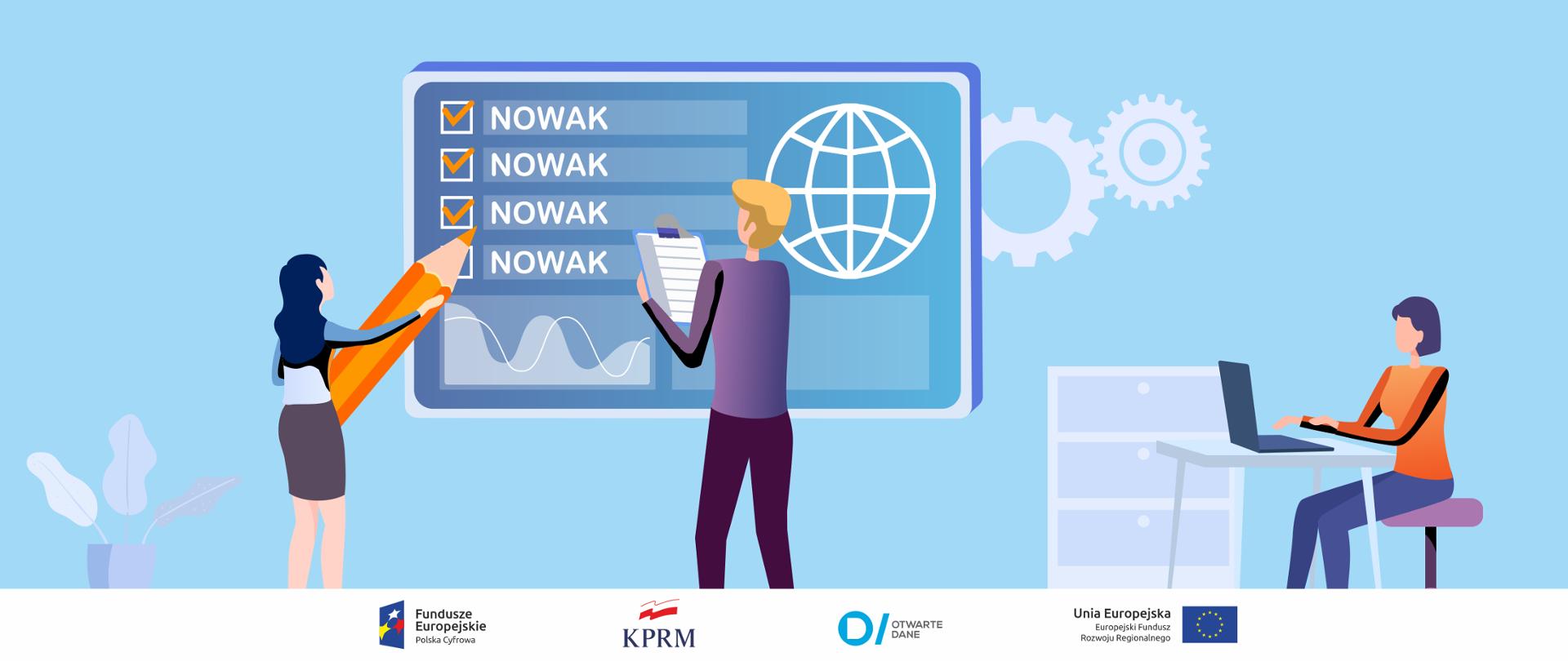 Grafika wektorowa - dwie osoby stoją przed ekranem (kobieta trzyma wielki pomarańczowy ołówek, mężczyzna - skoroszyt), Na ekranie lista nazwisk, każde to Nowak. Z prawej strony ekranu za biurkiem siedzi kobieta pisząca na laptopie.