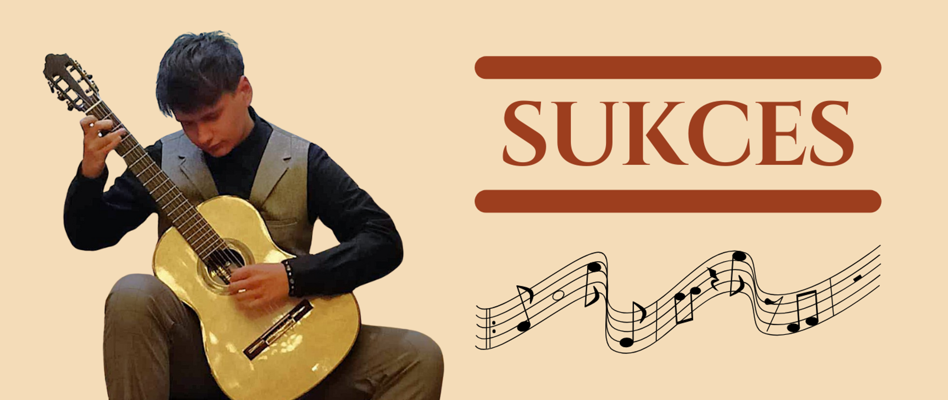 po lewej chłopiec grający na gitarze, po prawej napis "sukces" i grafika pięciolinii z nutami na, wszystko na beżowym tle