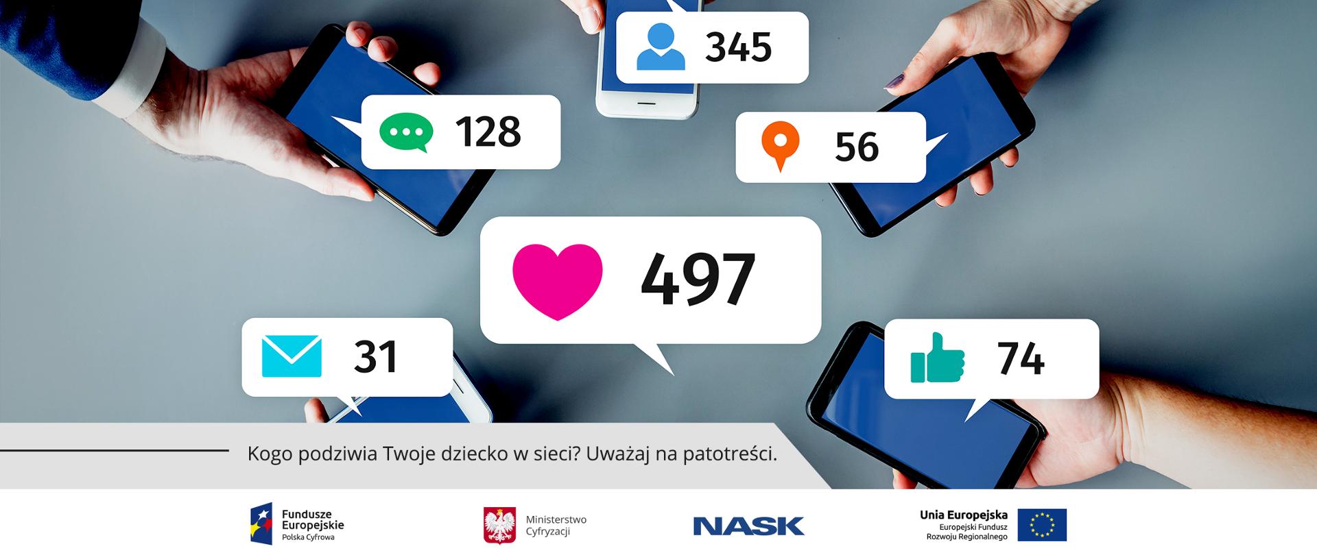 Pięć dłoni z telefonami komórkowymi, nad ekranami telefonów symbole maili, wiadomości, like'ów. Na dole tekst: Kogo podziwia Twoje dziecko w sieci? Uważaj na patotreści.