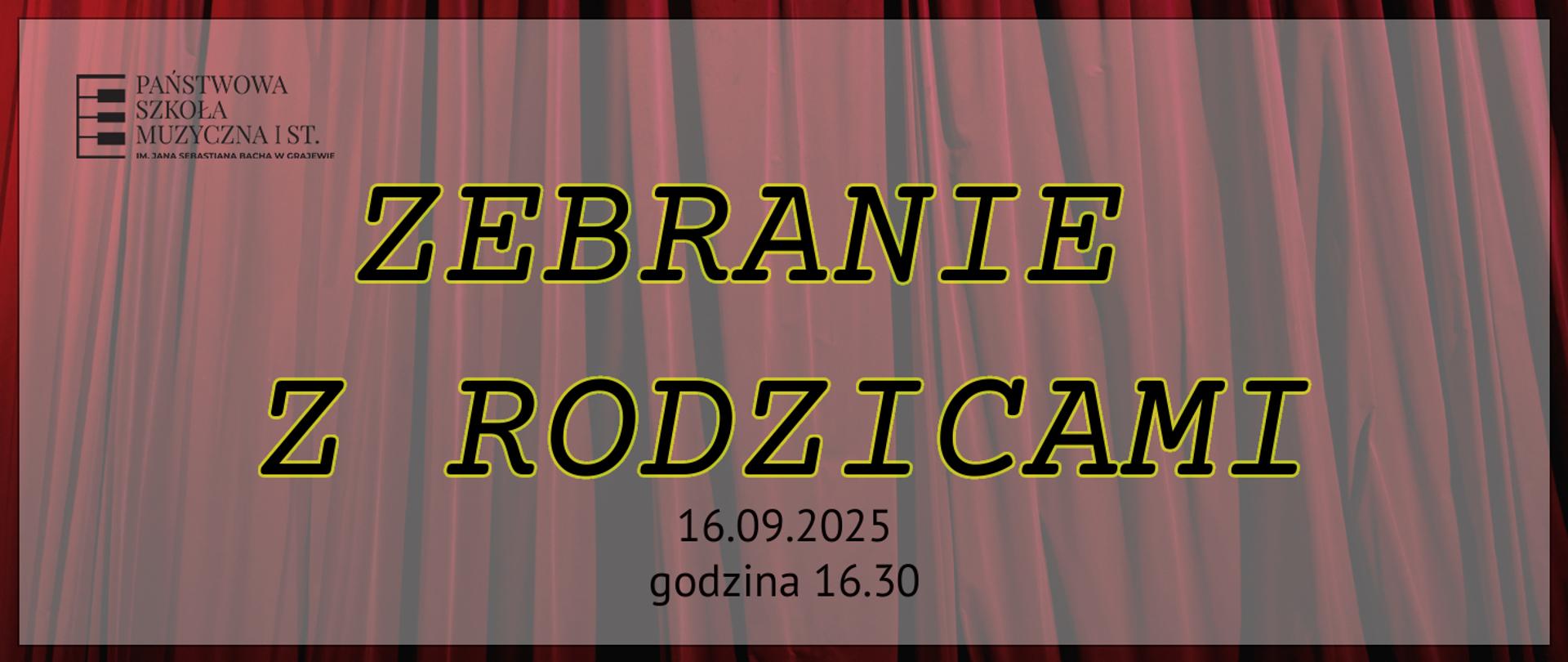 Plakat przedstawia zaproszenie na zebranie z rodzicami. Liternictwo ciemne. Po lewej stronie u góry logo szkoły muzycznej w Grajewie. Z prawej strony logo Filharmonii Narodowej.