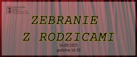Plakat przedstawia zaproszenie na zebranie z rodzicami. Liternictwo ciemne. Po lewej stronie u góry logo szkoły muzycznej w Grajewie. Z prawej strony logo Filharmonii Narodowej.