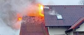 Na zdjęciu widoczny jest ogień wychodzący z dachu budynku
