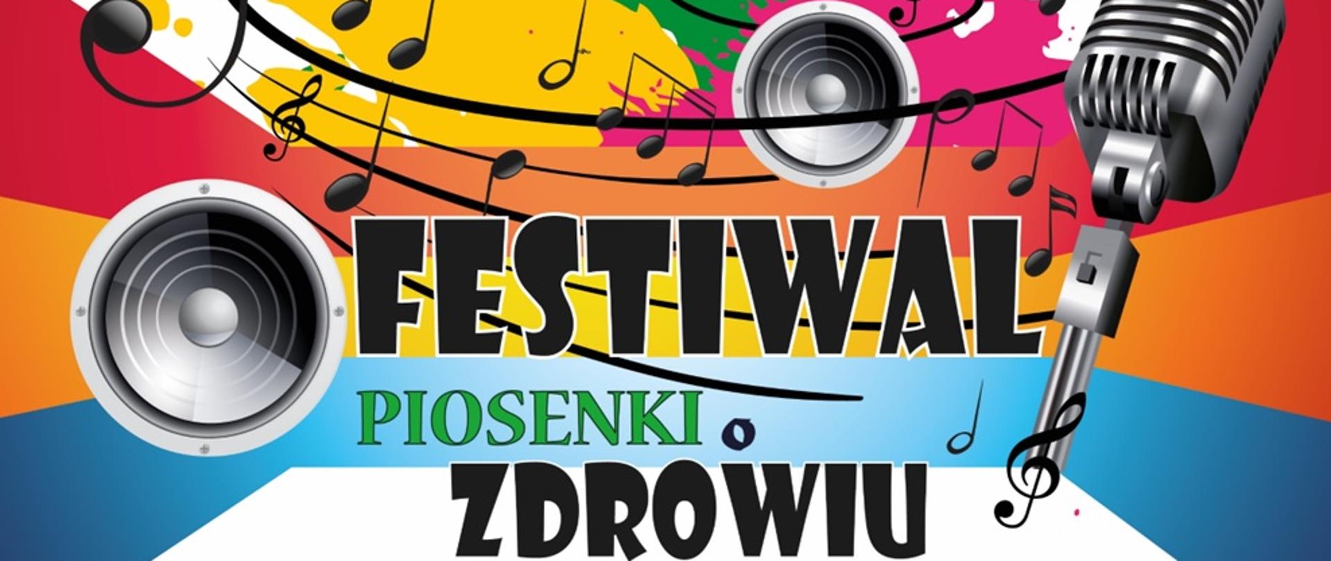 Na kolorowym tle widnieją nuty, dwa głośniki i mikrofon oraz napis: "Festiwal Piosenki o Zdrowiu".