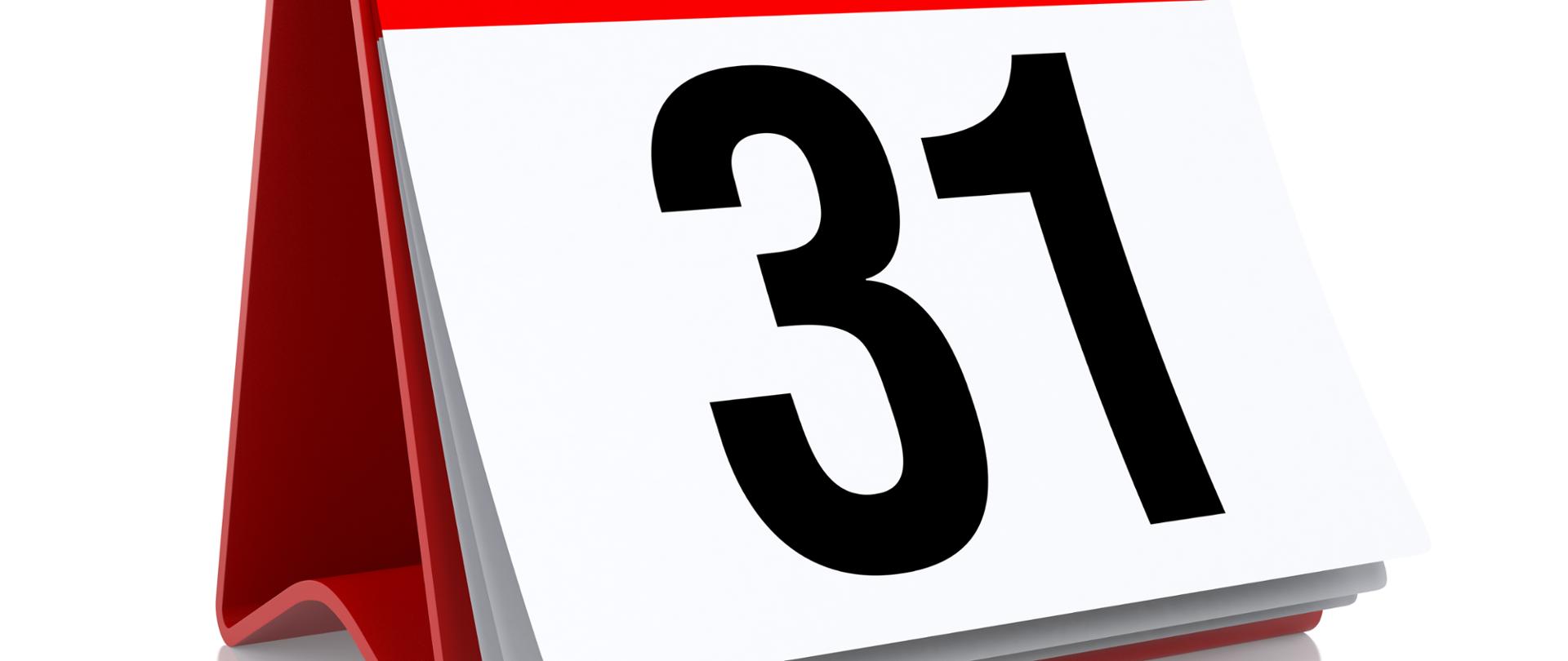 Biało czerwony kalendarz z datą 31 January 