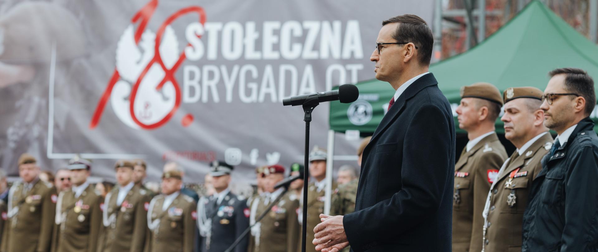 Prime Minister Mateusz Morawiecki during the swearing-in of the soldiers of the 18th Capital Territorial Defense Brigade.
