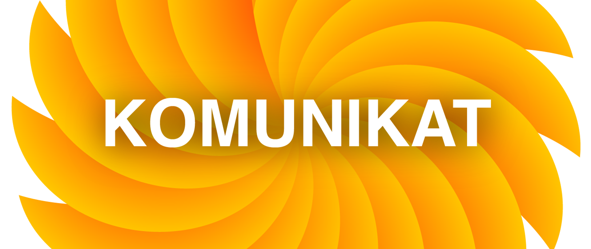 Duży tekst KOMUNIKAT na tle łukowatych, żółtych form przypominających płatki kwiatu