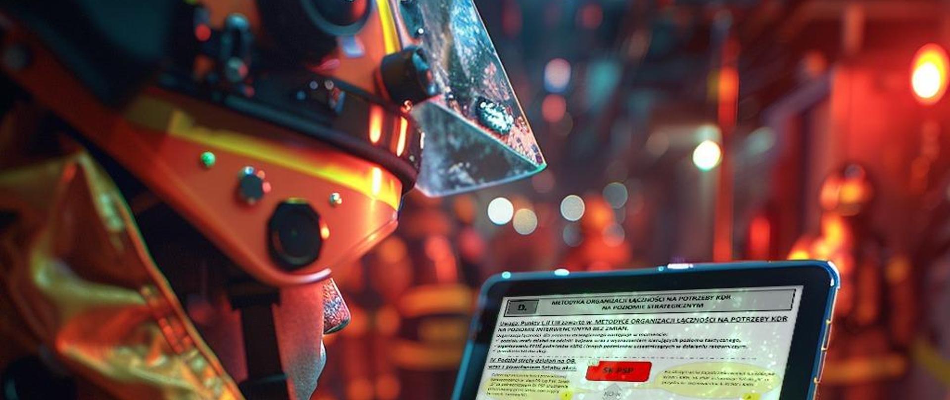 Strażak zerka w tablet z informacjami