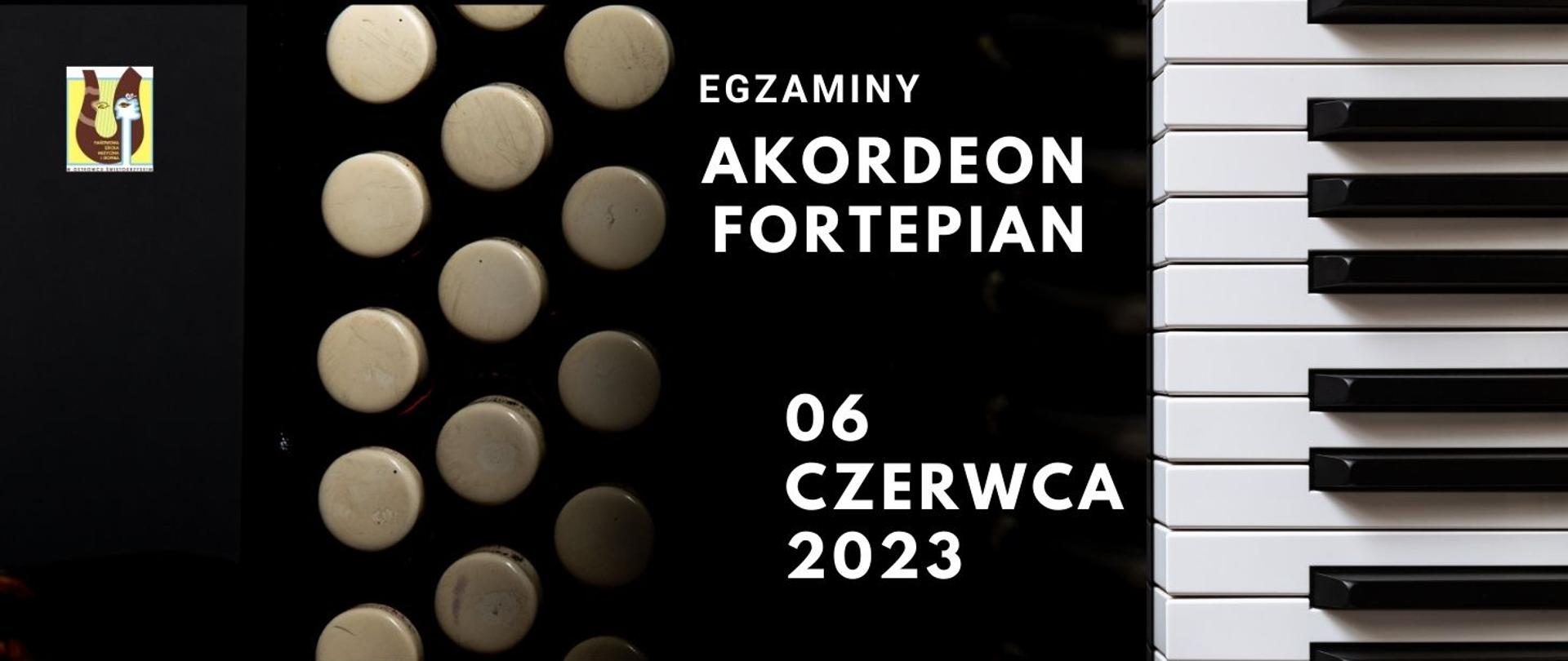 klawiatura fortepianu i część akordeonu na czarnym tle z napisami w kolorze białym z logo szkoły w prawym górnym rogu w kolorze zółto-brązowym