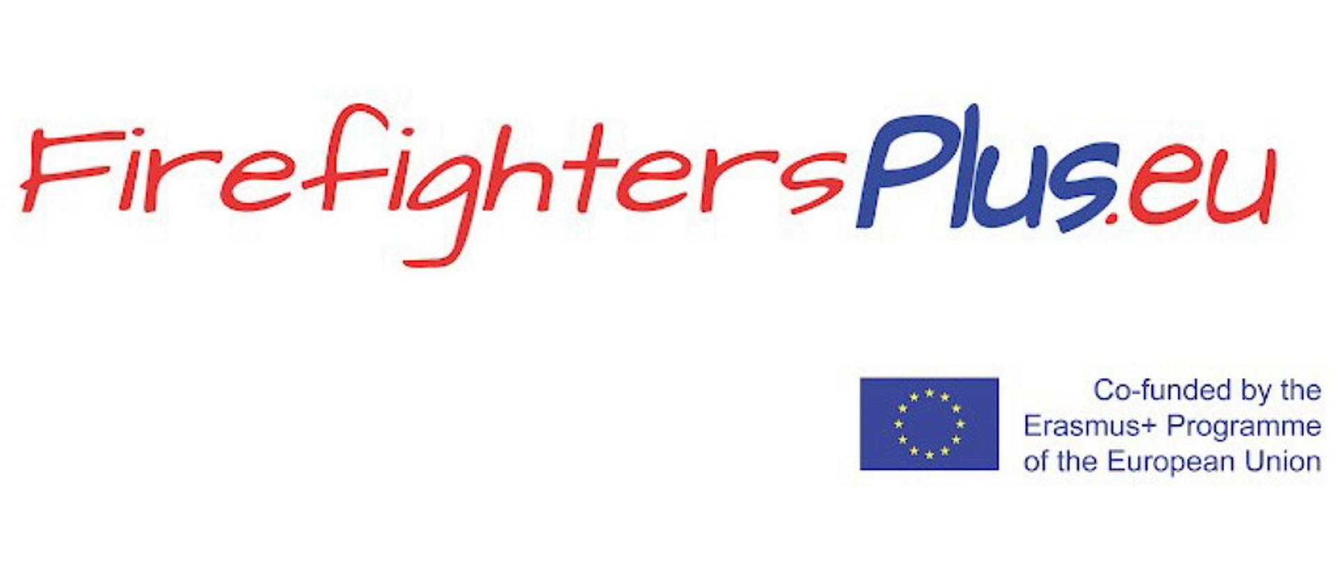 Logo z napisem FireFighter_Plus i flagą unii europejskiej