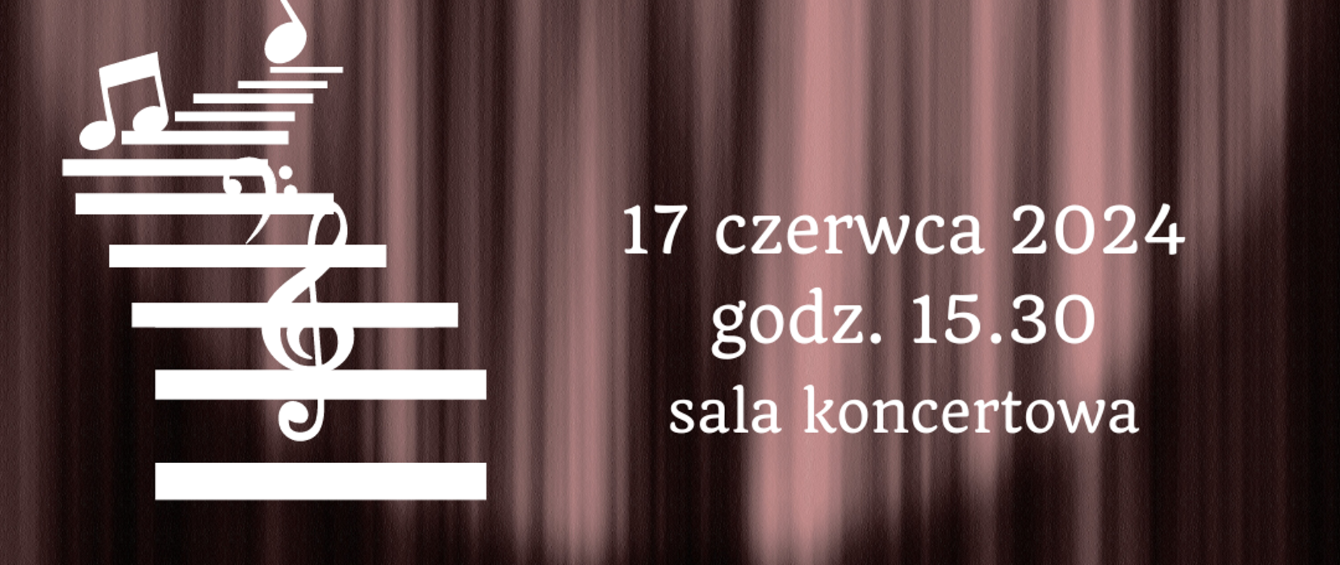 na szarym tle imitującym kotarę białe napisy, w lewym górnym rogu logo szkoły, na dole z lewej biała grafika schodów oraz rozmieszczonych na nich elementów grafiki muzycznej