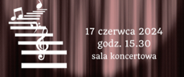 na szarym tle imitującym kotarę białe napisy, z lewej biała grafika schodów oraz rozmieszczonych na nich elementów grafiki muzycznej