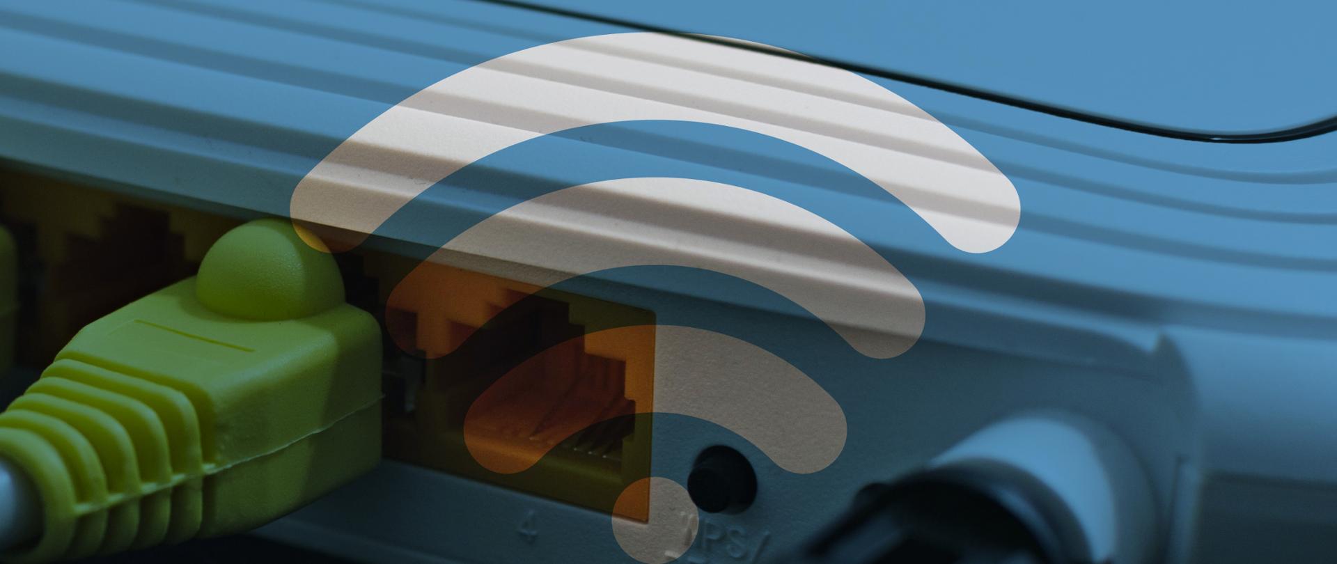 Zdjęcie przedstawia router WiFi oraz logo zasięgu sieci.