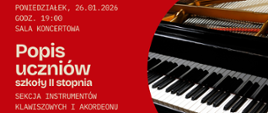 Czerwony plakat koncertowy z dużym napisem „Popis uczniów”; po prawej stronie zbliżenie na klawisze i struny fortepianu, po lewej jasna typografia z informacją o dacie, godzinie i miejscu wydarzenia.