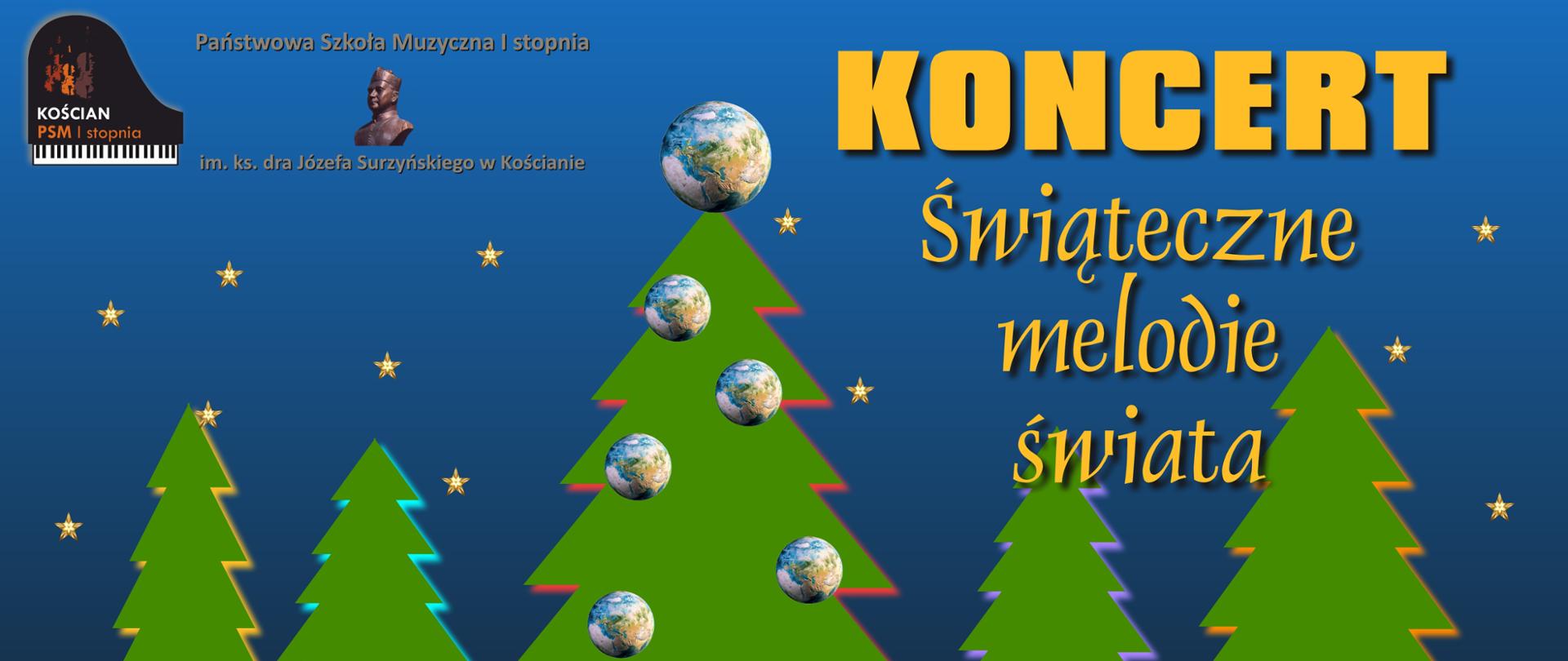 plakat koncertu "Świąteczne melodie świata" - motywy choinek na granatowym tle